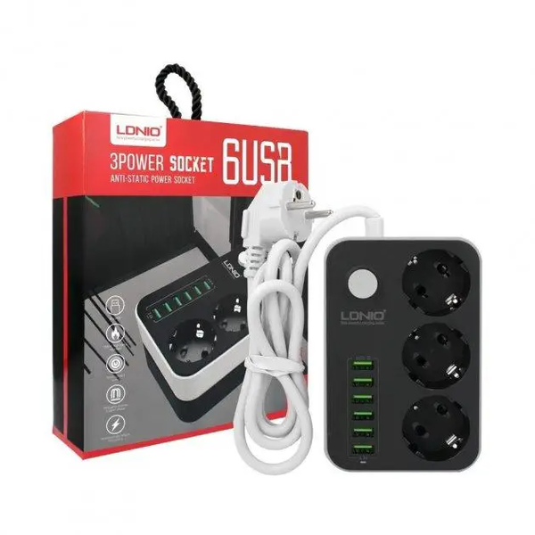 Сетевой фильтр-удлинитель LDNIO SE3631 3 розетки + 6 USB 1.6 м с LED-подсветкой Black (SE3631) SE3631 фото