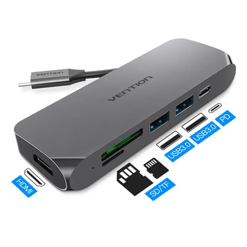USB-концентратор Vention CMMHA USB хаб USB 3.0 Type-C PD60W HDMI 4K 30 Гц Gray (CMMHA) CMMHA фото