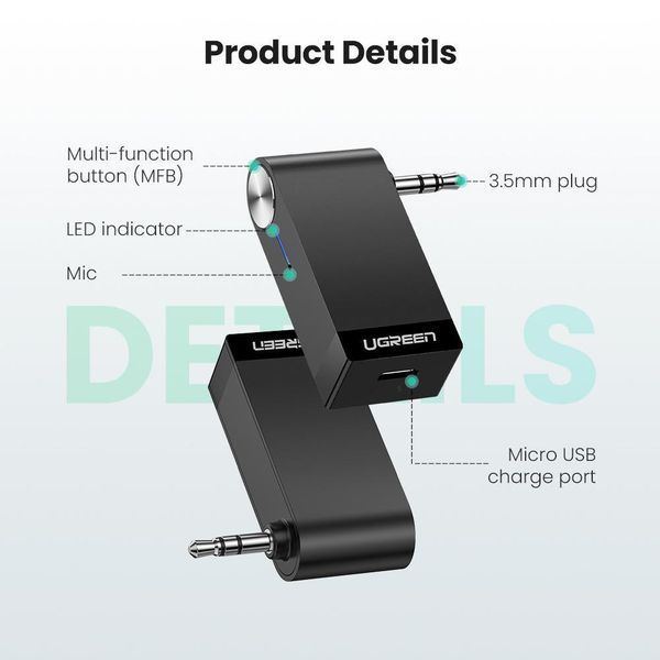 Bluetooth-адаптер Ugreen Bluetooth 5.0 приймач адаптер 3.5 мм з мікрофоном (30348) 30348 фото
