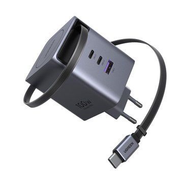 Мережевий зарядний пристрій UGREEN Nexode X616 GaN 100 Вт, 2 USB-C + USB-A, висувний кабель 0,75 м (65828) 65828 фото