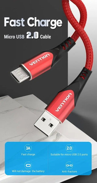 Кабель зарядний Micro USB Vention COARH USB Cable to microUSB Cotton Braided 3A 2 м Red (COARH) COARH фото