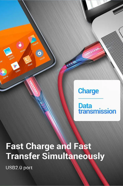Кабель зарядний Micro USB Vention COARH USB Cable to microUSB Cotton Braided 3A 2 м Red (COARH) COARH фото