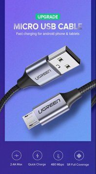 Кабель зарядный Ugreen Micro USB 2.0 5V2.4A 2M Black (US290) 60148 фото