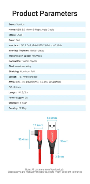Кабель зарядний Micro USB Vention COBRG USB Cable to microUSB кутовий реверсивний 1.5 м Red (COBRG) COBRG фото