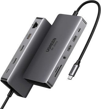 USB-концентратор UGREEN CM681 Revodok Pro 11 в 1 HDMI 4K@60Hz Single 8K@30Hz 10Gbps Data Port 100W PD Silver (15965) 15965 фото