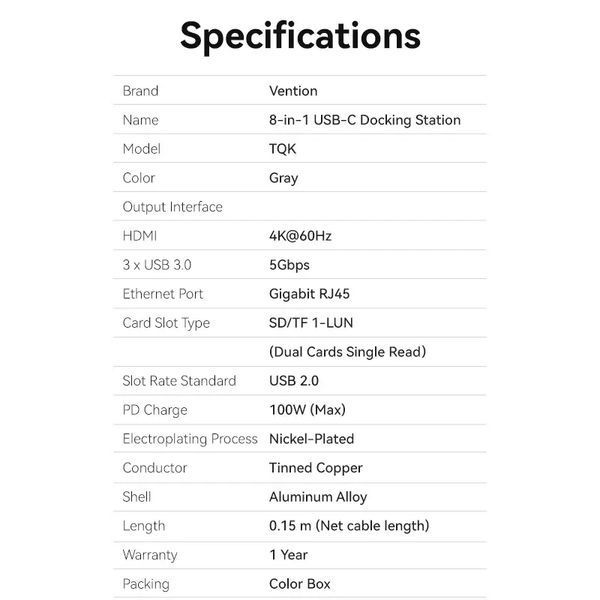 USB-хаб Vention TQKHB 8 in1 USB C HUB адаптер Type-C to x 3x USB 3.0 5 Гбіт/с + HDMI 4K 60Hz + Type-C Grey (TQKHB) TQKHB фото
