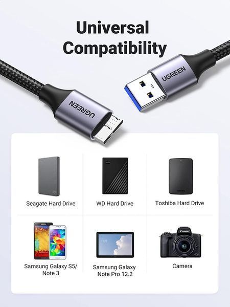 Дата кабель UGREEN US374 USB 3.0 A to Micro B Cord Nylon Braided External Hard Drive Cable 1 м Black (80793) 80793 фото