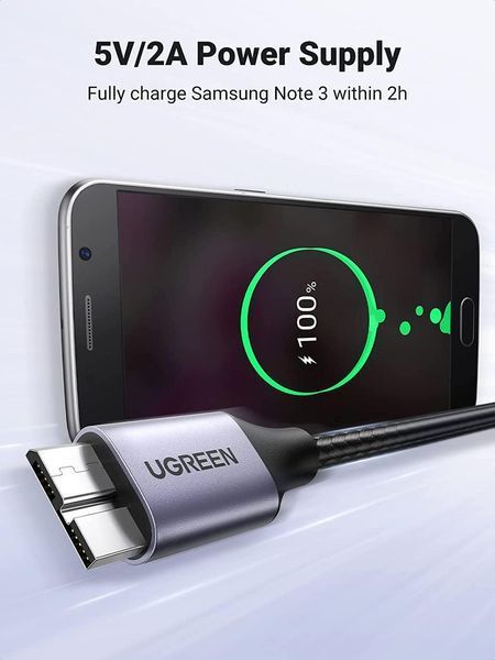 Дата кабель UGREEN US374 USB 3.0 A to Micro B Cord Nylon Braided External Hard Drive Cable 1 м Black (80793) 80793 фото
