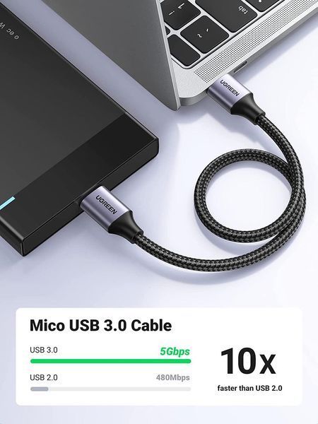 Дата кабель UGREEN US374 USB 3.0 A to Micro B Cord Nylon Braided External Hard Drive Cable 1 м Black (80793) 80793 фото