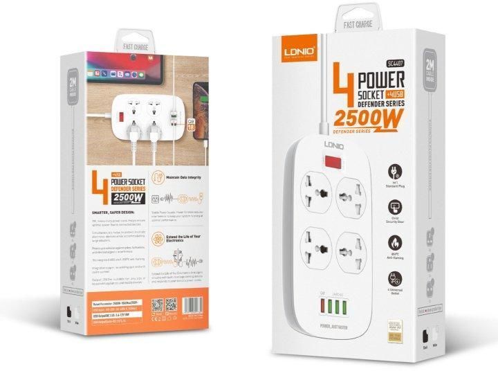 Сетевой фильтр-удлинитель LDNIO SC4407Q 4 розетки 2500W 4 USB QC 3.0 3.4 A 2 м White (SC4407Q) SC4407Q фото