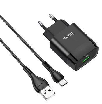 Мережевий зарядний пристрій HOCO C72Q Glorious QC3.0, 18 Вт, USB-A, EU, чорний, кабель USB-A to USB-C 1 м (6931474732545) 6931474732545 фото