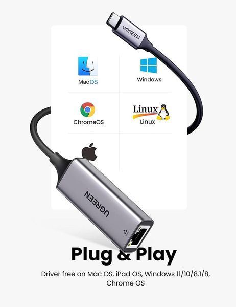 Провідний мережевий адаптер USB C - RJ45 Ethernet UGREEN Thunderbolt 3 &lrm;Grey (CM199) 50737 фото