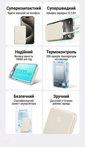 Зовнішній акумулятор повербанк UGREEN PB507 22.5W Power Bank PD QC USB-C USB-A 10000 mAh Beige (25684) 25684 фото