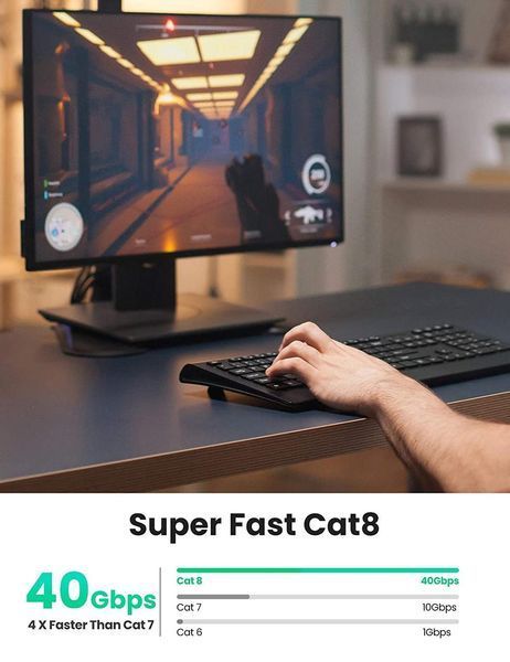 Патч-корд UGREEN мережевий кабель 40 Гбит\с 2000 МГц Ethernet RJ45 Cat 8 плоский 2М Black (NW134) [70672] 70672 фото