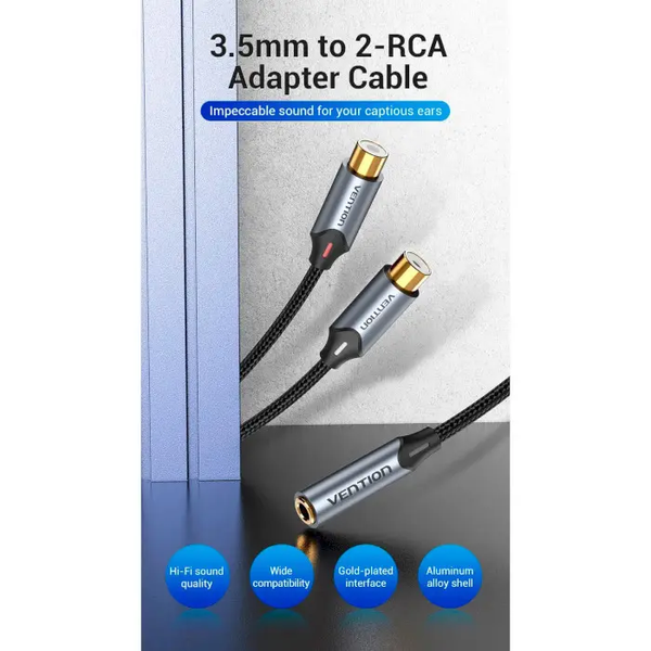 Кабель аудіо VENTION BCOHY 3.5 mm to 2RCA аудіоперехідник 0.3 м Black (BCOHY) BCOHY фото