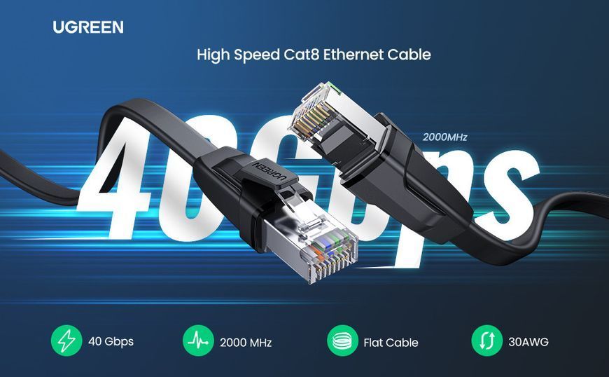 Патч-корд UGREEN мережевий кабель 40 Гбит\с 2000 МГц Ethernet RJ45 Cat 8 плоский 2М Black (NW134) [70672] 70672 фото