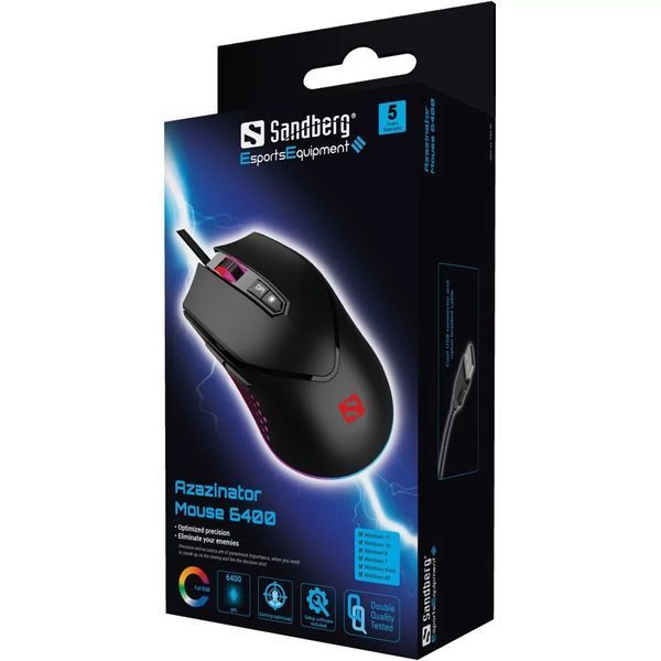 Игровая мышь Sandberg Azazinator 6400, 6400 DPI, 7 кнопок, RGB, USB, чёрная (640-20) 640-20 фото