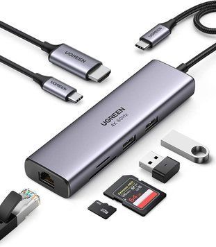 USB-хаб Ugreen CM512 USB type-c много портовый адаптер концентратор 7 в 1 алюминиевый 100 B Grey (60515) 60515 фото