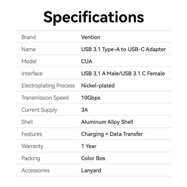 Перехідник-адаптер Vention CUAH0 USB Male to Type-C Female OTG Adapter 10 Гбіт/с USB 3.1 15 W Grey (CUAH0) CUAH0 фото