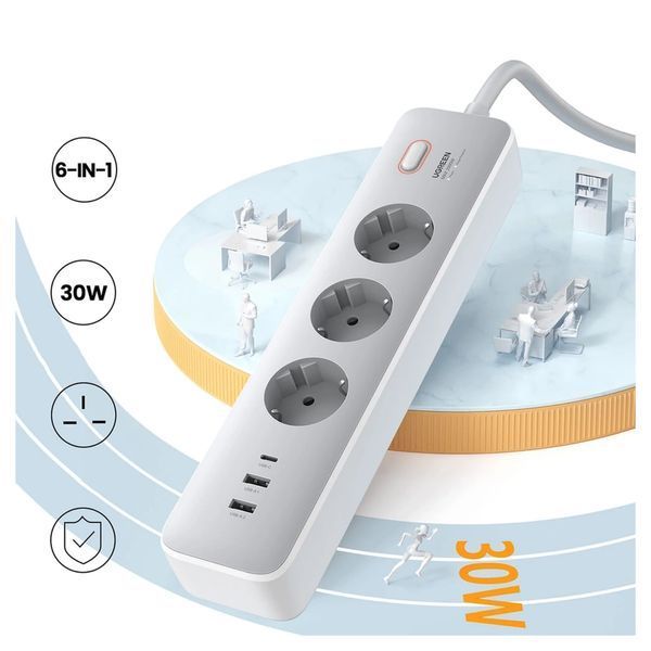 Сетевой фильтр-удлинитель Ugreen CD286 30W 3 AC Power Strip with Master Switch 2 м White (25357) 25357 фото