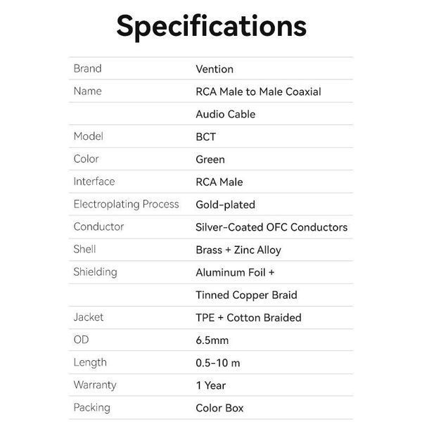 Цифровий коаксіальний кабель Vention RCA-RCA Стерео аудіокабель Cotton Braided 10 м Green (BCTGL) BCTGL фото