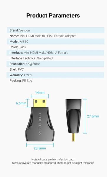 Перехідник Vention AISB0 Mini HDMI to HDMI Black (AISB0) AISB0 фото