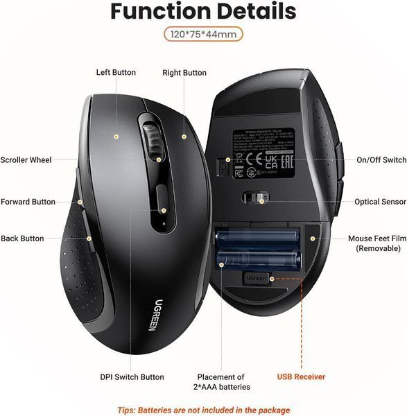 Беспроводная оптическая мышь UGREEN M511 2.4G Ergonomic Wireless Black (45012) 45012 фото