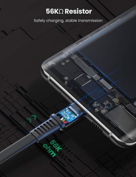 Кабель зарядный UGREEN US332 USB Type A - Type-C для быстрой зарядки плоский 0.5 м Black (10971) 10971 фото