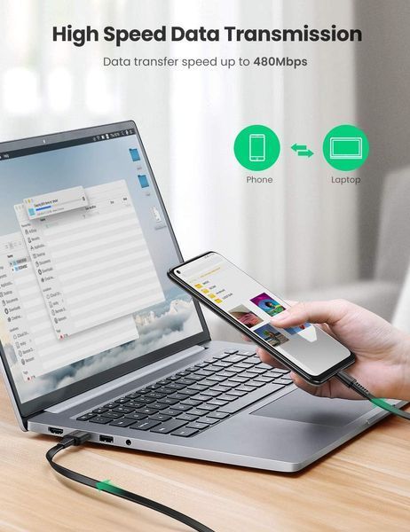 Кабель зарядный UGREEN US332 USB Type A - Type-C для быстрой зарядки плоский 0.5 м Black (10971) 10971 фото