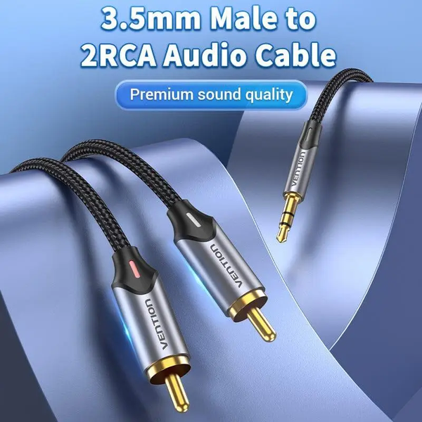 Кабель аудіо Vention BCNBL 3.5 mm to 2 RCA стереорозгалужувач RCA Y бавовняне обплетення 10 м Black (BCNBL) BCNBL фото